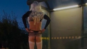 Sunny tranny cumshot at bus stop