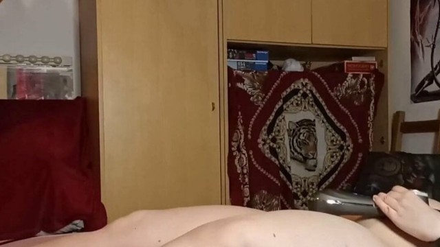 A masturbating blindfolded bitch fucked by 2 guys