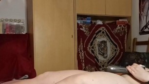 A masturbating blindfolded bitch fucked by 2 guys