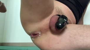 Milking out cum hands free with ever bigger dildo's up the ass while in chastitycage Porn Videos